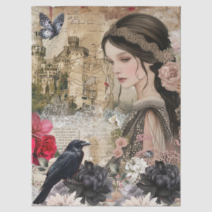 Papier Mousseline Romantique Victorian Girl & Raven Vintage Floral