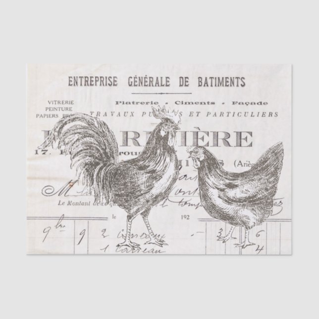 Papier Mousseline Rooster Hen Script français Ephemera Bird Découpag (Recto)