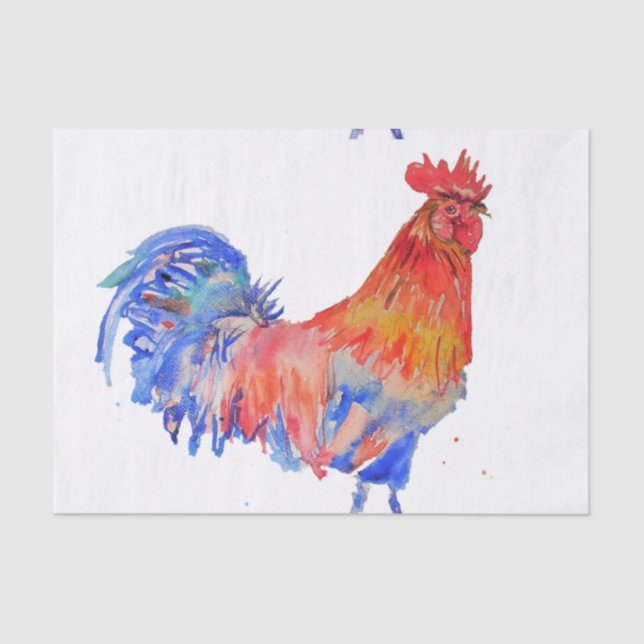 Papier Mousseline Rooster Rouge Poulet Bleu Hommes Garçons Aquarelle (Recto)