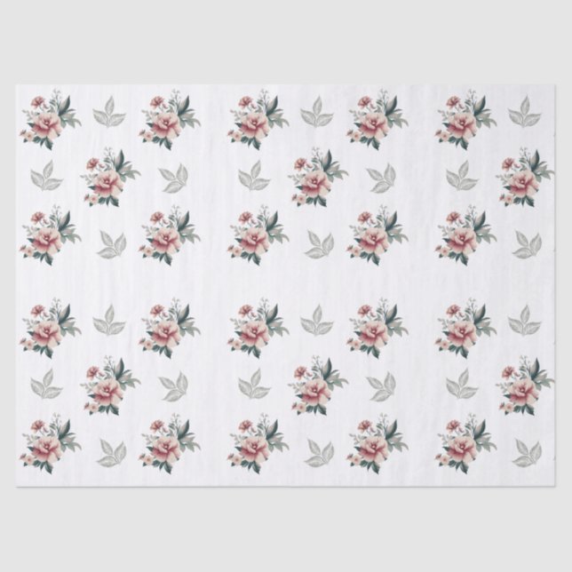 Papier Mousseline Rose aquarelle rose avec feuillage sarcelle (Recto)