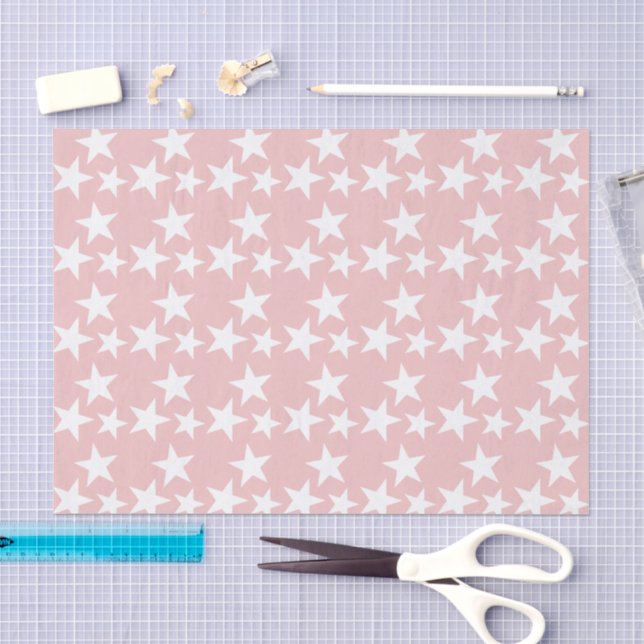 Papier Mousseline Rose avec étoiles blanches (Artisanat)