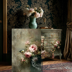 Papier Mousseline Rose botanique rose ancien oiseau chanteur damassé