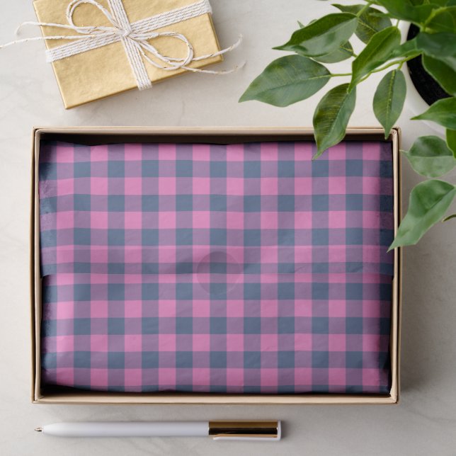 Papier Mousseline Rose Chaud Bleu Violet Motif Gingham Géométrique  (Cadeau)