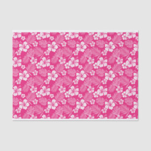 PAPIER MOUSSELINE ROSE CHAUDE AVEC FLEURS HIBISQUES BLANCHES TROPICA