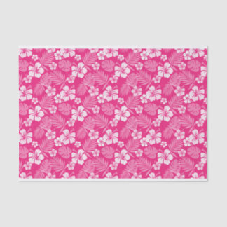 PAPIER MOUSSELINE ROSE CHAUDE AVEC FLEURS HIBISQUES BLANCHES TROPICA