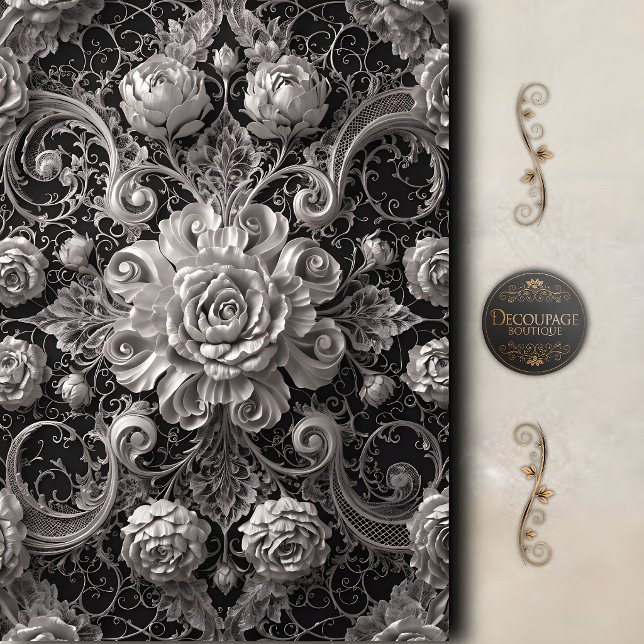 Papier Mousseline Rose damassée découpée noir et blanc (Black White Rose Damask Decoupage Tissue Paper)