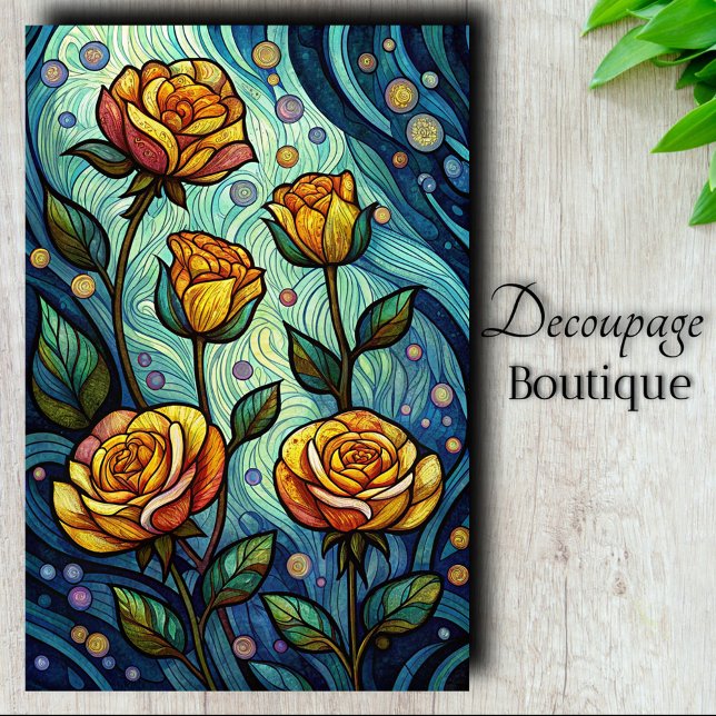 Papier Mousseline Rose en découpage vitrail teinté (Stained Glass Rose Decoupage Tissue Paper)