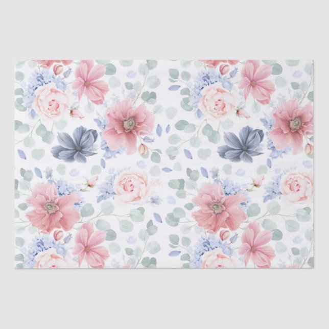 Papier Mousseline Rose et Dusty Blue Floral Botanical Elégant (Recto)