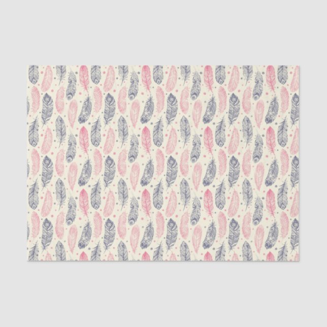 Papier Mousseline Rose et motif ethnique pourpre de plume (Recto)