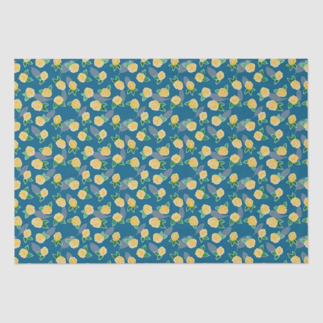 Papier Mousseline Rose florale jaune sur fond bleu (Recto)
