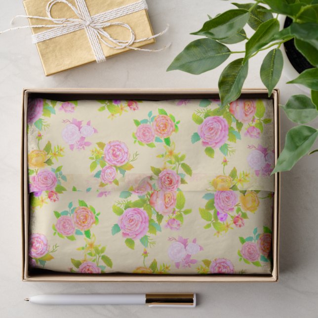 Papier Mousseline Rose Jaune Vintage Élégant (Cadeau)