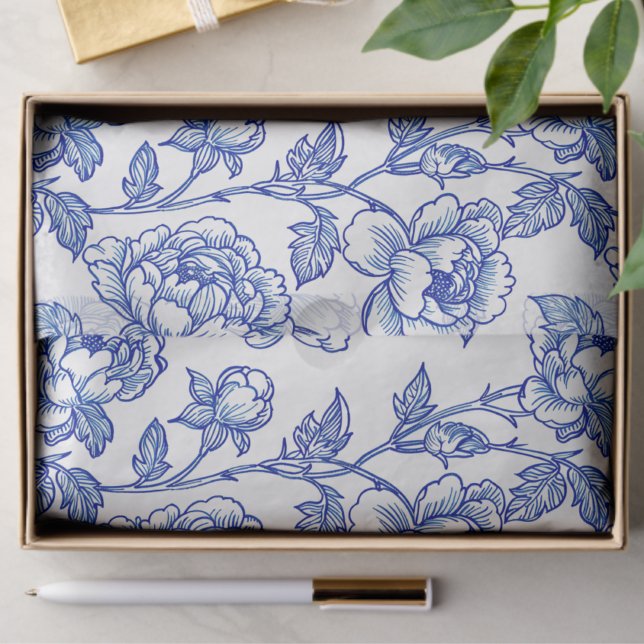 Papier Mousseline Rose Peony de la Chinoiserie Bleue et Blanche (Créateur téléchargé)