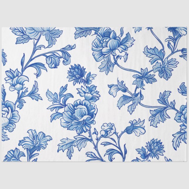 Papier Mousseline Rose Peony de la Chinoiserie Bleue et Blanche (Recto)