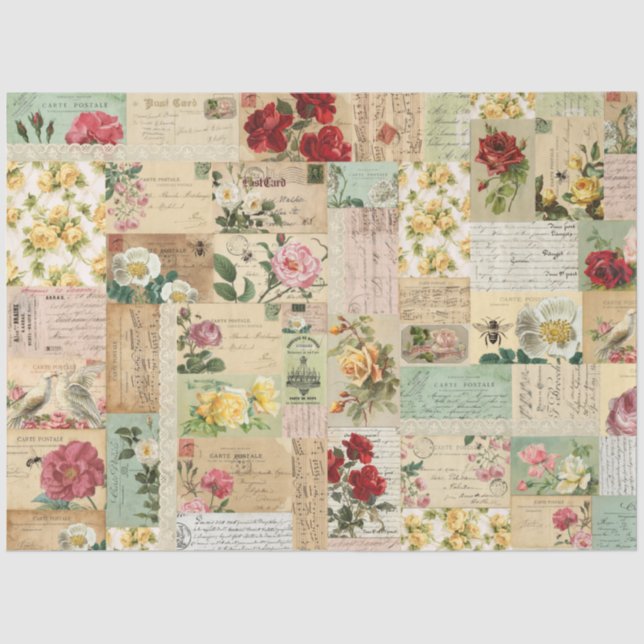 Papier Mousseline Rose romantique rose & Aqua Ephemera Papier Tissu (Recto)