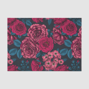Papier Mousseline rose, rouge et bi-color roses with blue leaves on
