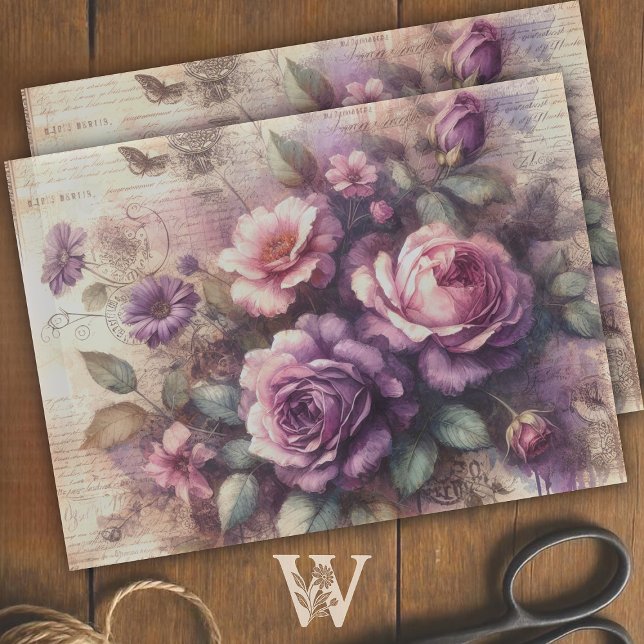 Papier Mousseline Rose vintage violet et collage végétal (Créateur téléchargé)