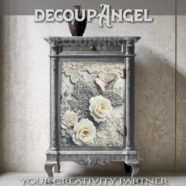 Papier Mousseline Roses blanches avec dentelle broderie et papillon (Créateur téléchargé)