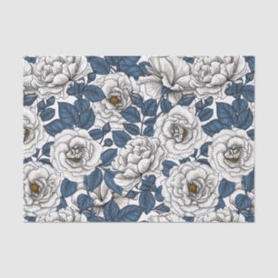 Papier Mousseline Roses blanches avec feuilles bleus sur blanc