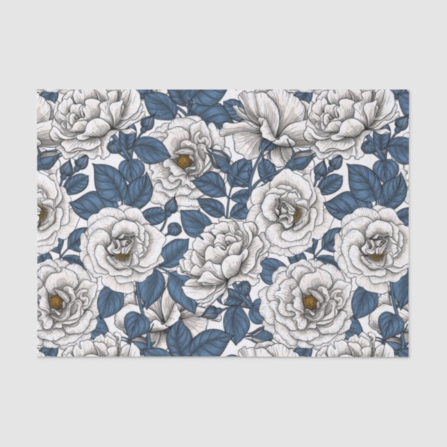 Papier Mousseline Roses blanches avec feuilles bleus sur blanc (Recto)