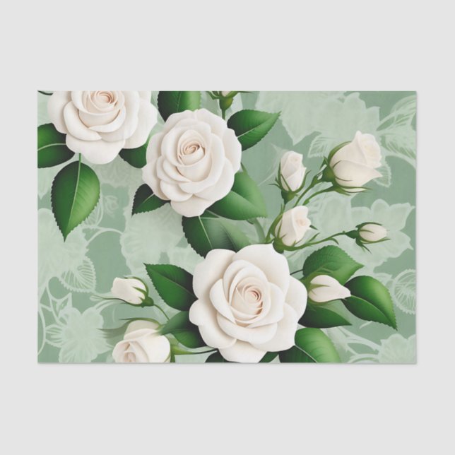 Papier Mousseline Roses Blanches Élégantes Sur Vert (Recto)