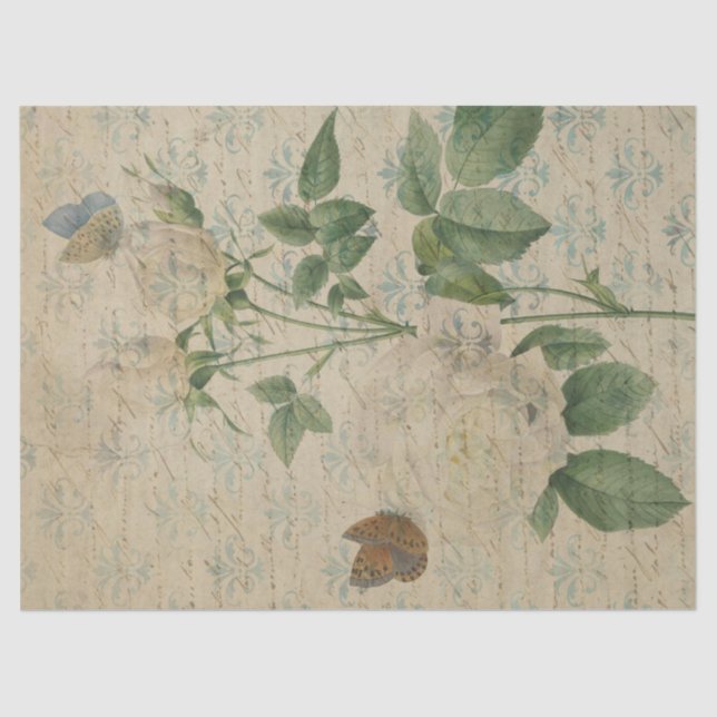 Papier Mousseline Roses blanches vintages et découpage papillon (Recto)