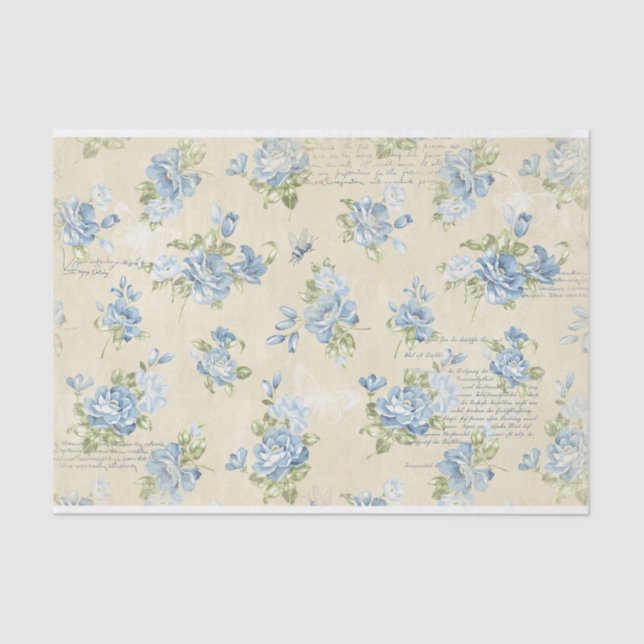 Papier Mousseline Roses d'aquarelle bleu et collage de texte (Recto)