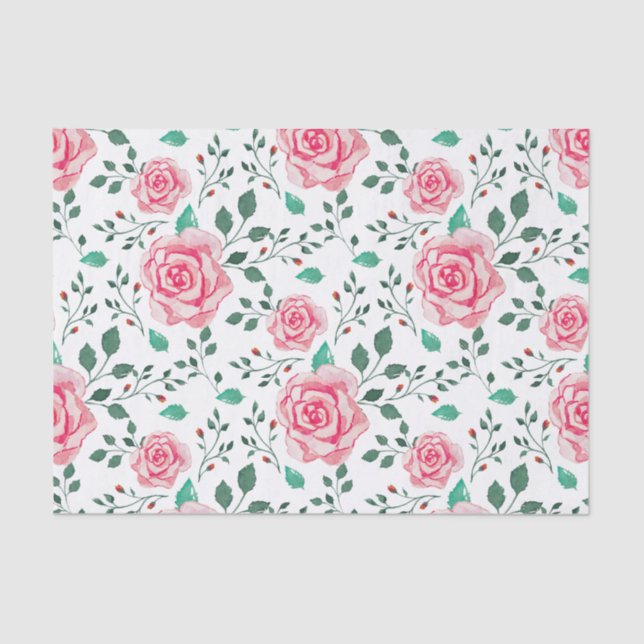 Papier Mousseline Roses d'aquarelle rose et Motif de feuillage vert (Recto)