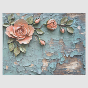 Papier Mousseline Roses de corail texturés sur bois Turquoise en dét