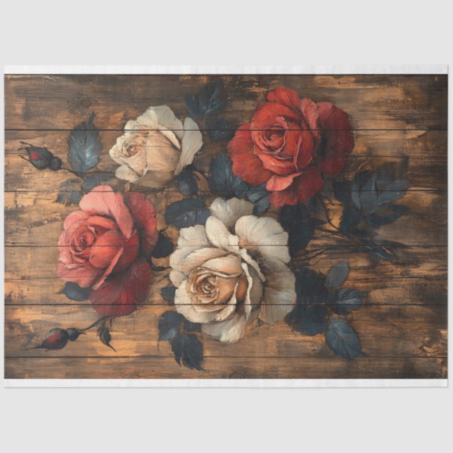 Papier Mousseline Roses en rouge et rose rose Peach Painted Wood Déc (Recto)