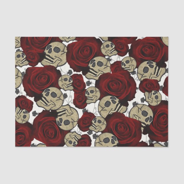 Papier Mousseline Roses et crânes rouges Noir Floral Blanc gothique (Recto)