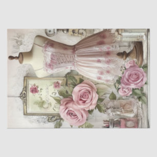 Papier Mousseline Roses et Motif d'ephemera de couture