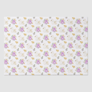 Papier Mousseline Roses Florales Violettes et Dorées de Cygne