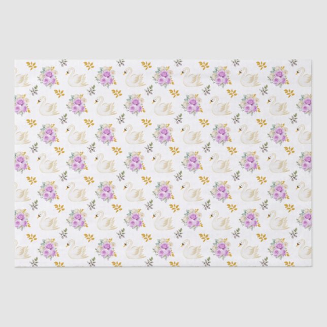 Papier Mousseline Roses floraux cygnes violet et or (Recto)