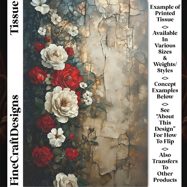 Papier Mousseline Roses ivoires rouges, Mur Patiné vieilli CQ4 Décou (Créateur téléchargé)