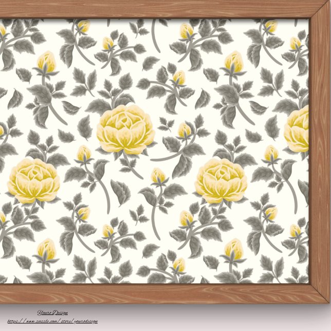 Papier Mousseline Roses jaune pâle avec feuilles gris blanc (Créateur téléchargé)