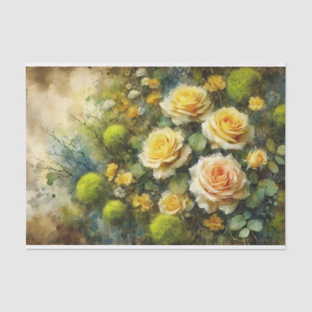 Papier Mousseline Roses Jaunes Moss Verte Impressionniste Découpage (Recto)