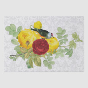 Papier Mousseline Roses jaunes vintage avec oiseau chanteur et damas