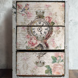 Papier Mousseline Roses romantiques français, horloge et découpage e<br><div class="desc">Elégant collage vintage romantique avec roses roses roses,  parchemins en fibre blanche,  oiseau,  écriture manuscrite et horloge française ornée sur arrière - plan floral grungy.</div>