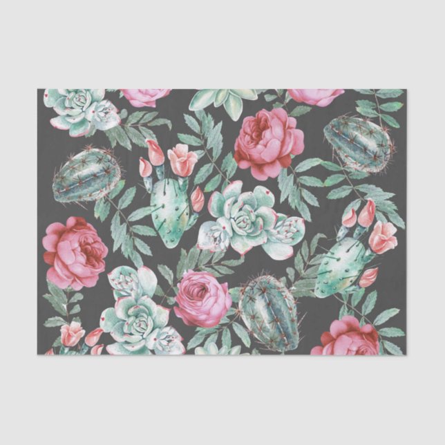 Papier Mousseline Roses roses et Motif de cactus succulents sur noir (Recto)