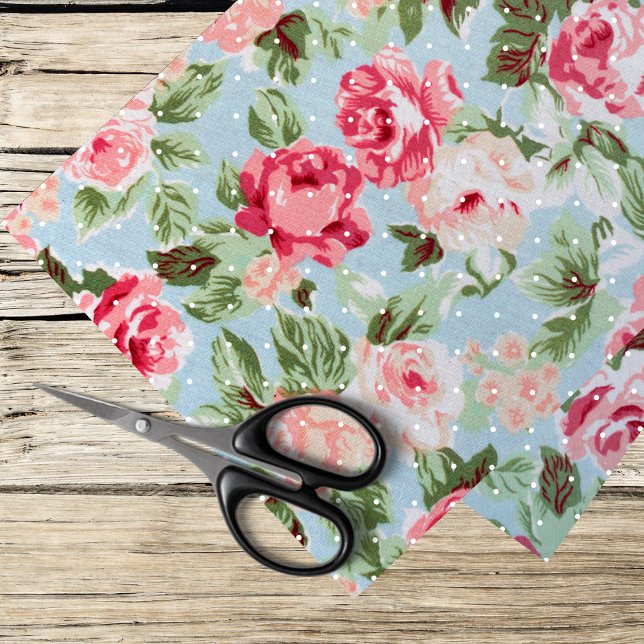 Papier Mousseline roses roses et pois blancs sur bleu clair (Créateur téléchargé)