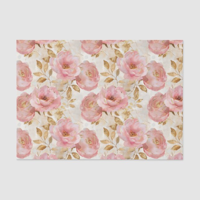 Papier Mousseline Roses roses roses avec Motif Feuille or (Recto)