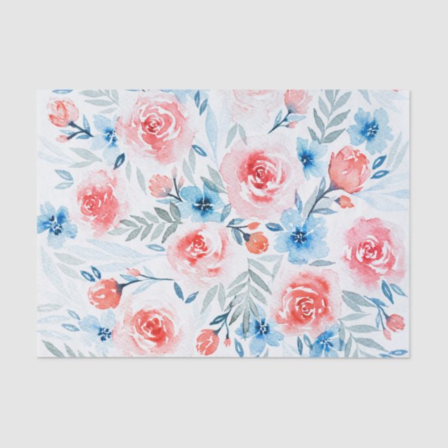 Papier Mousseline Roses Roses Roses Bleues Fleurs Aquarelle Motif Fl (Recto)