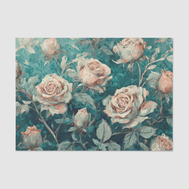 Papier Mousseline Roses roses sur Turquoise (Recto)