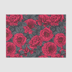 Papier Mousseline Roses rouges avec feuilles gris sur noir