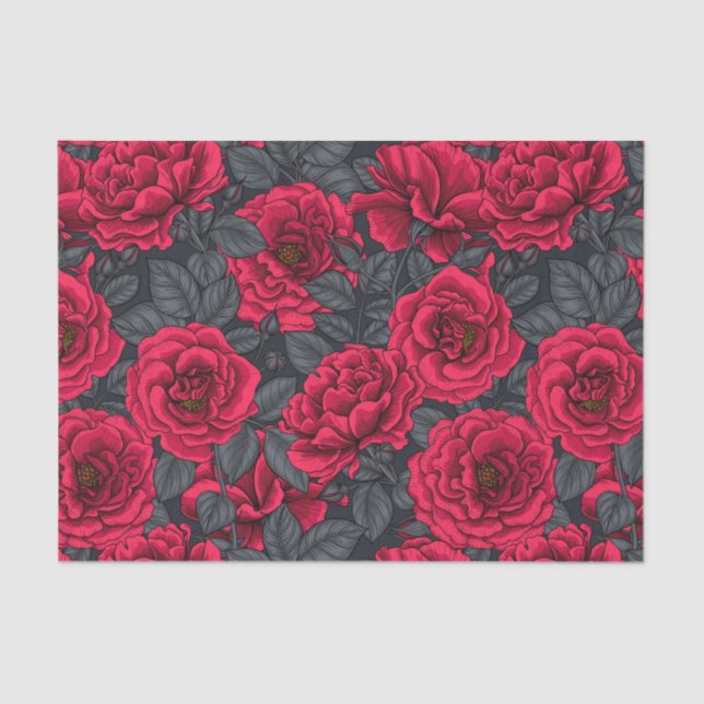 Papier Mousseline Roses rouges avec feuilles gris sur noir (Recto)