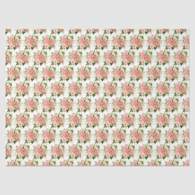 Papier Mousseline Roses rouges corail avec feuillage (Recto)