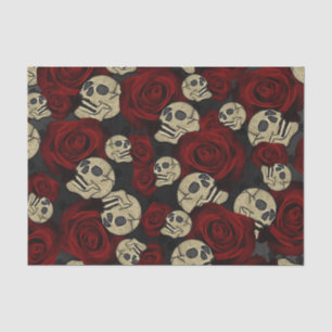Papier Mousseline Roses Rouges & Crânes Floral Gothique Gris Noir