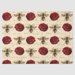 Papier Mousseline Roses rouges et abeilles Brown