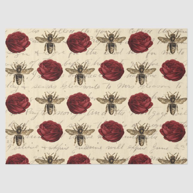 Papier Mousseline Roses rouges et abeilles Brown (Recto)