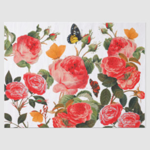 Papier Mousseline ROSES ROUGES ET BOUTEILLES JAUNES Floral blanc
